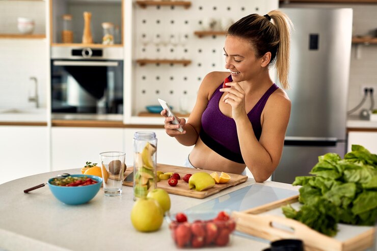 jovem-mulher-atletica-feliz-comendo-frutas-enquanto-mensagens-de-texto-no-celular-na-cozinha_637285-6181 Dieta para emagrecer 10kg em 30 dias: 5 Receitas saudáveis Receitas Fitness  